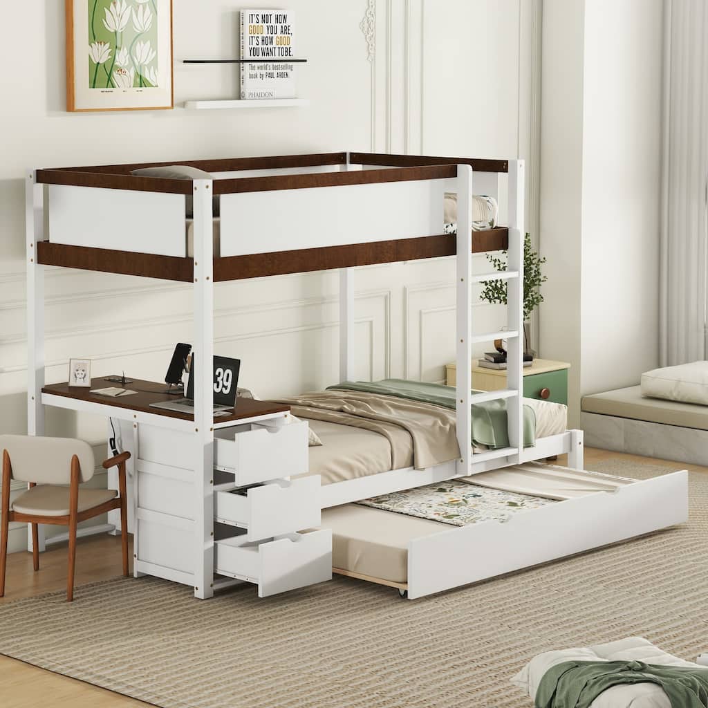 Space-Saving Twin-Over-Twin Bunk Bed with Trundle, Storage, and Desk in White and Walnut