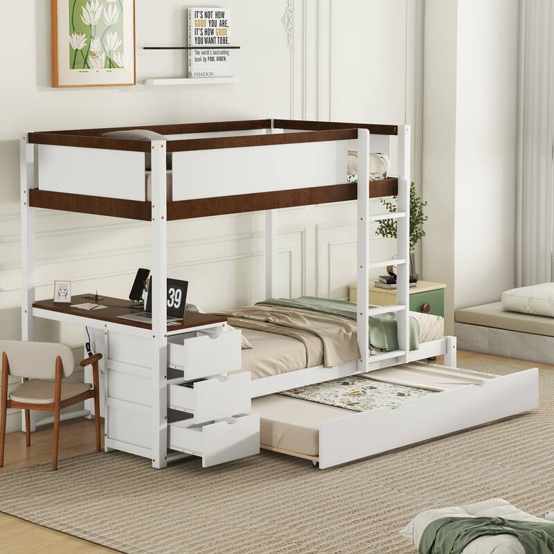 Twin-Over-Twin Bunk Bed with Trundle, Storage, and Desk, Space-Saving Design, USB Ports, Ideal for Overnight Guests - Twin White