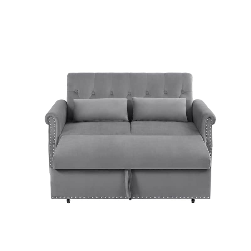 Velvet Pull Out Loveseat Sofa Convertible Sleeper Loveseat Bed with 2 Pillows Rivet Arm Lounge Couch Tufted Sofa