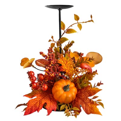 12" Fall Maple Leaves, Berries and Pumpkin Harvest Candle Holder - 12