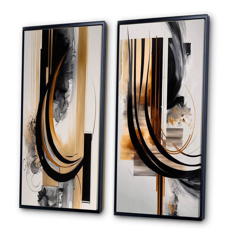 Designart "Gold Touch Art Deco" Abstract Framed Wall Art Set Of 2 - Black Canvas Set For Living Room Decor