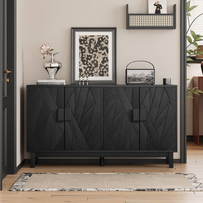 Anmytek Modern Black Sideboard Buffet Cabinet with Geometric Carved Doors Adjustable Shelves Solid Wood Legs for Dining Room