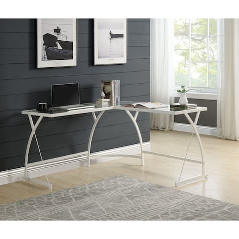 L Shape Computer Desk in Clear Glass & White Finish