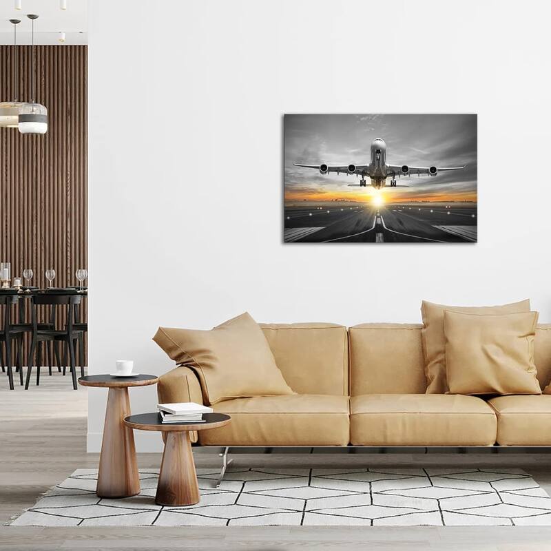 Airplane Plane Flying Over Runway Canvas Wall Art