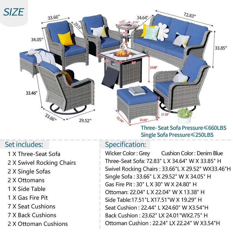 OVIOS 9-piece Patio Wicker Swivel Chair Set With 30" Fire Pit