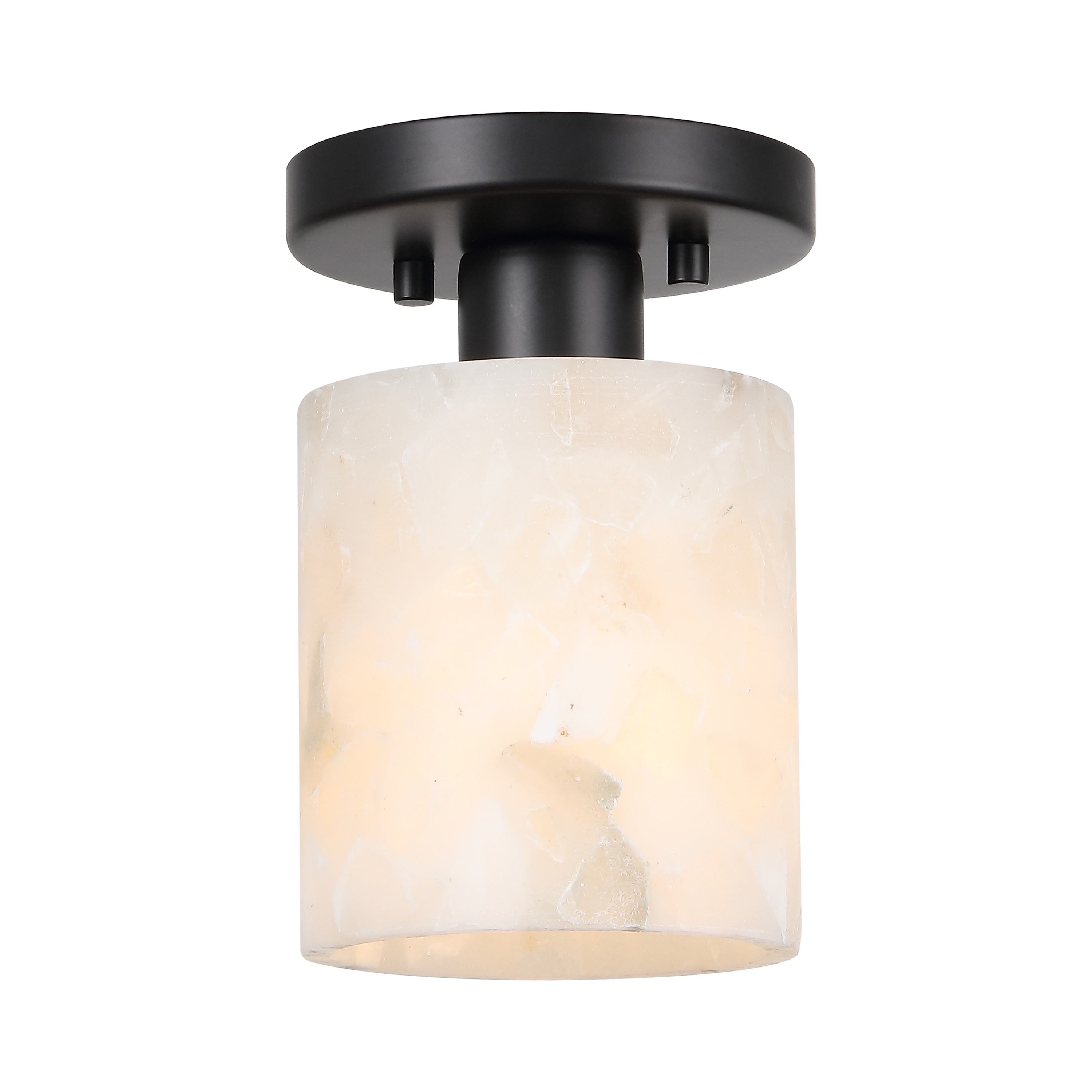 Hadley 5.13" 1-Light Modern Contemporary Alabaster/Iron Cylinder LED Semi Flush Mount, White Marbling/Brass Gold by JONATHAN Y