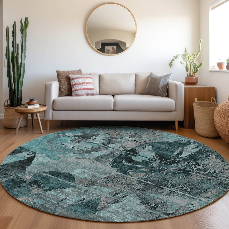 Machine Washable Indoor/ Outdoor Abstract Leaves Chantille Rug - Teal - 8' x 8'