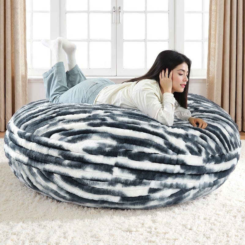 5-foot Round Plush Corduroy Convertible Bean Bag Chair Lounge - White Navy