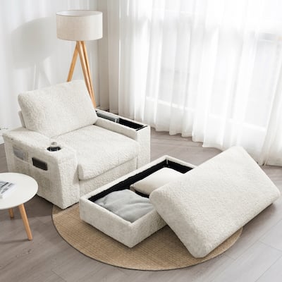 42" Oversized Indoor Chaise Lounge in Beige Faux Fur, Convertible Sofa Bed with Storage & Cup Holder