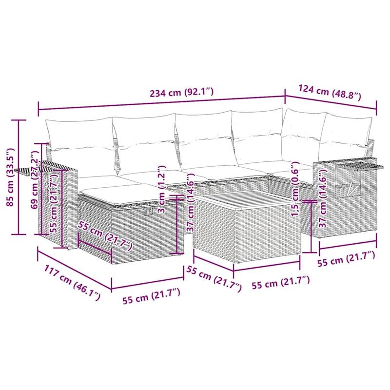 vidaXL Patio Sofa Set with Cushions Outdoor Furniture 7 Piece Poly Rattan