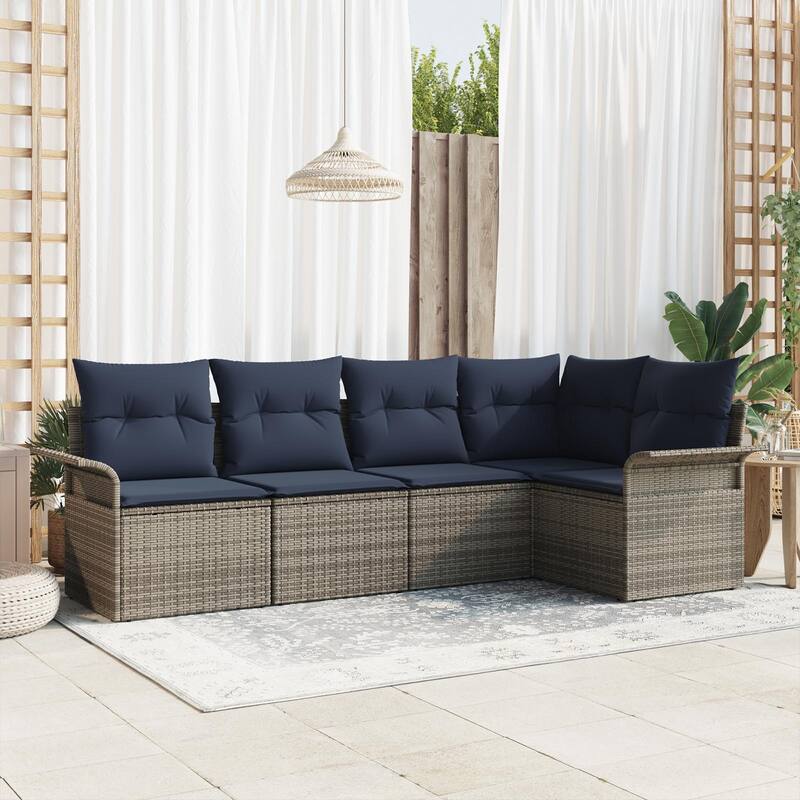 vidaXL 5/6 Garden Sofa Set with Cushions Black/Brown/Grey Poly Rattan - 95.9 x 52.2 x 27.2 - Grey without table