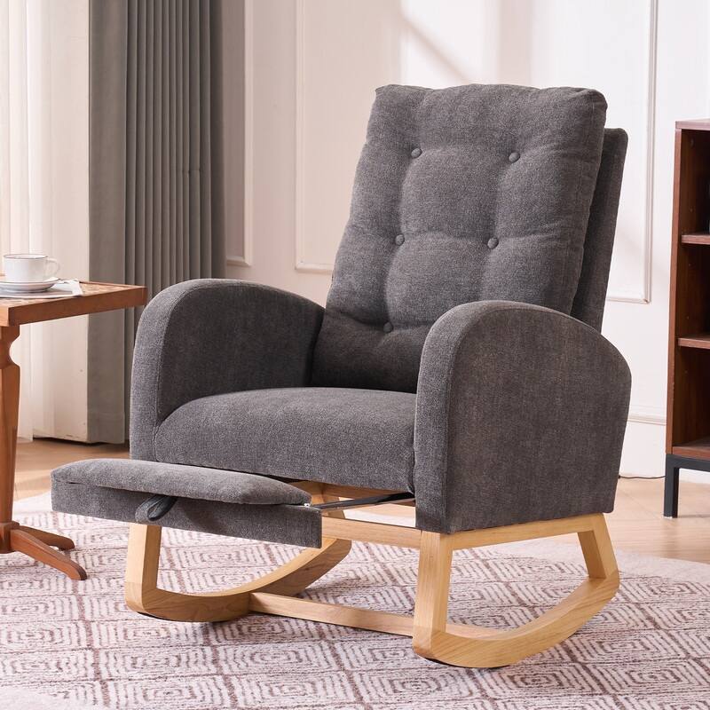 Modern Accent Rocking Chair with Footrest High Back Rubber Wood Rocking Legs Bedroom Living Space 26.77D X 38.36W X 39.76H Inch