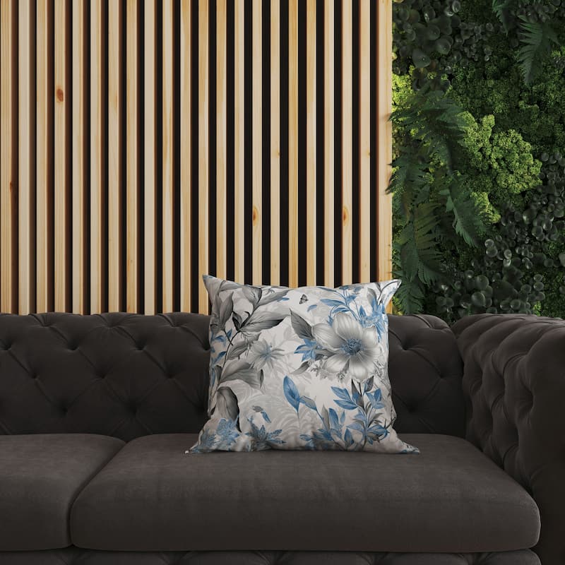 Blue And Grey Exquisite Floral Breeze Faux Suede Throw Pillow Zipper