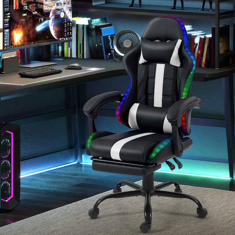 EROMMY RGB LED Gaming Chair with Thickened Massage Lumbar Pillow & Upgraded Footrest, Reclining Ergonomic Chair