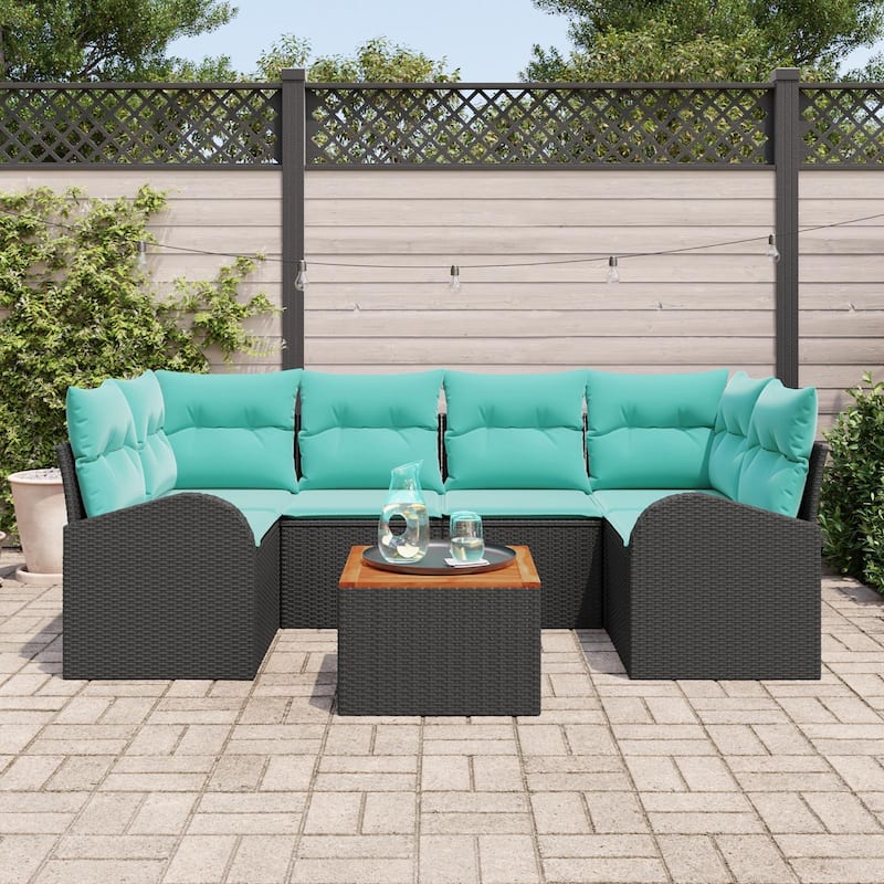 vidaXL 7 Garden Sofa Set with Cushions Black/Grey Poly Rattan - 92.1 x 48.8 x 27.2