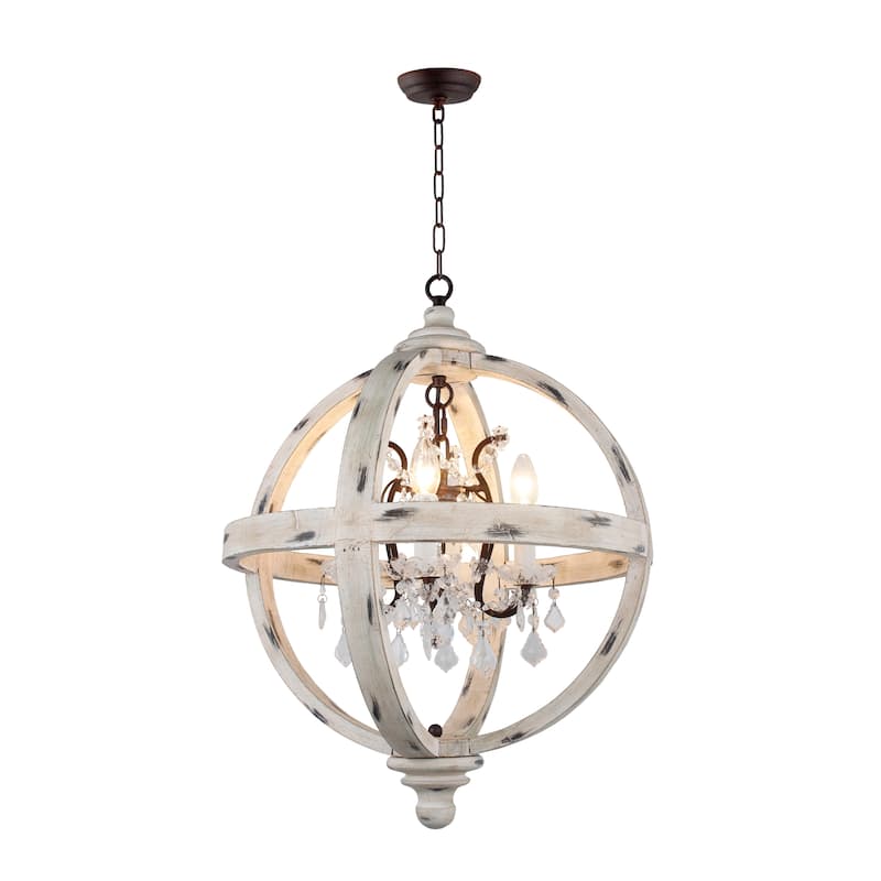 4 Light Candle Style Globe Chandelier in withered white wood finish