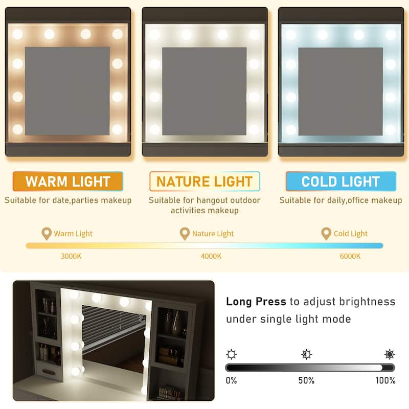 XINMICS Makeup Vanity Dressing Table, Vanity Desk with Mirror and Lights and Charging Station with 7 Drawers & 3 Cabinets