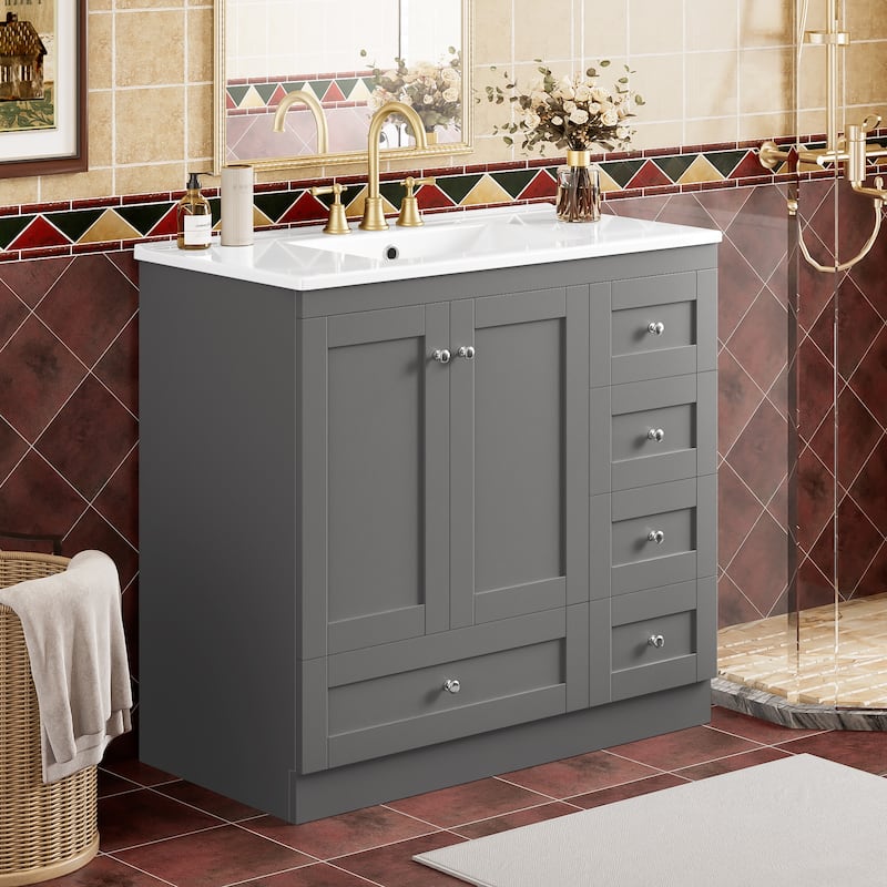 Bathroom Vanity with Ceramic Sink, Free-Standing Wooden Bathroom Cabinet, Storage Cabinet with 4 Drawers & 2 Soft Closing Doors
