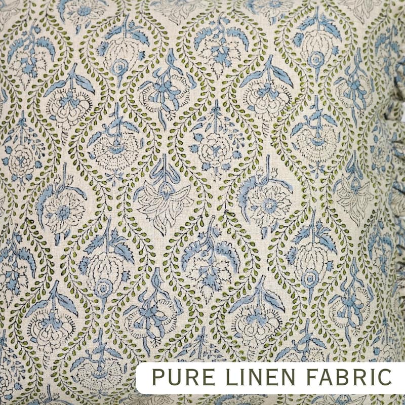 Fabdivine Handmade Block Print Floral Frill Both Side Soft Boho Pure Linen Pillow Cover