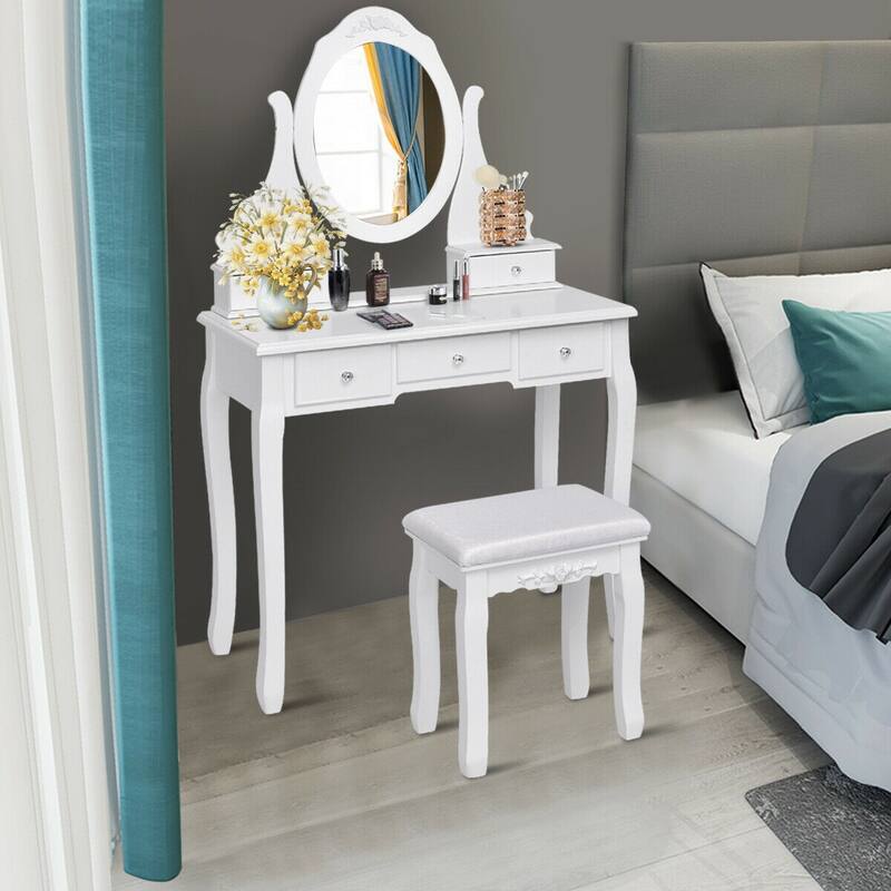 Gymax Bedroom Wooden Mirrored Makeup Vanity Set Stool Table Set White - White