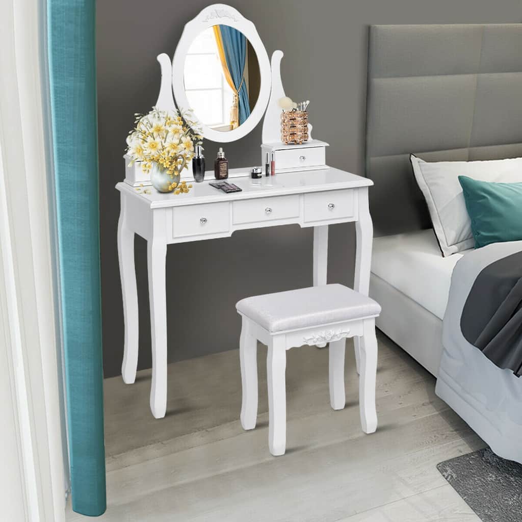 Gymax Bedroom Wooden Mirrored Makeup Vanity Set Stool Table Set White
