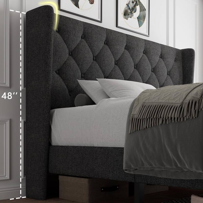 Full Bed Frame with Upholstered Wingback, Platform Bed Frame with Diamond Button Tufted Headboard, Under-Bed Space, Wooden Slats