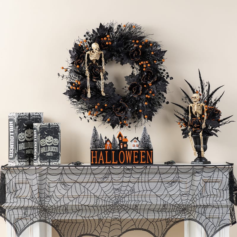 Glitzhome 22"H Halloween Black Rose Skeleton and Berry Urn Potted Table Tree