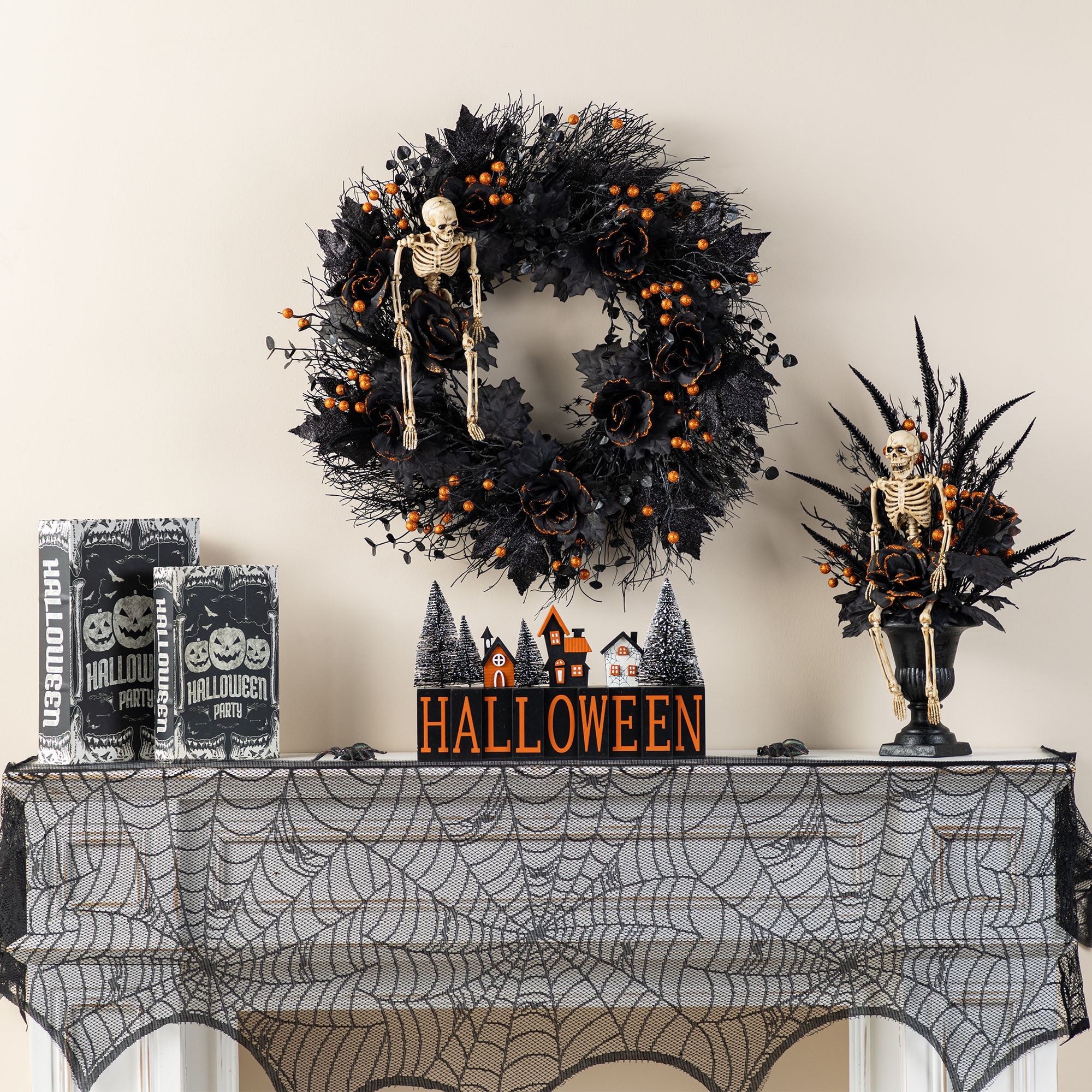 Glitzhome 22"H Halloween Black Rose Skeleton and Berry Urn Potted Table Tree