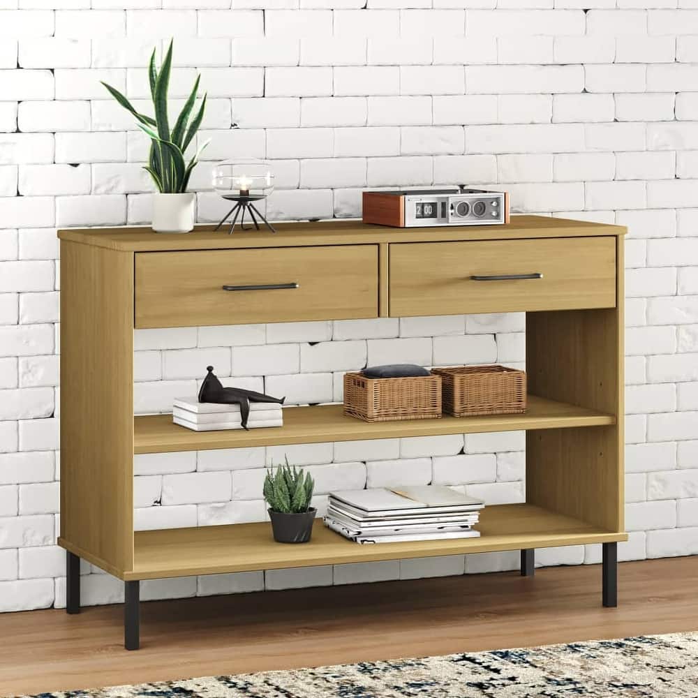 vidaXL Console Cabinet Buffet Storage with Metal Legs Solid Wood Pine OSLO - 38.6" x 13.8" x 27.6"