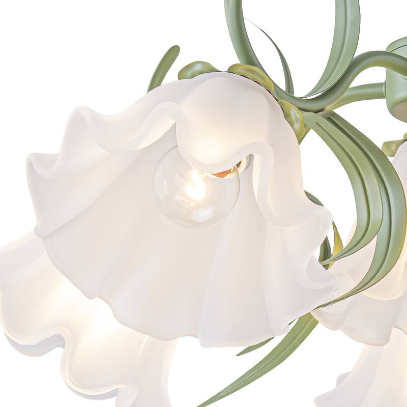 Botanical Green Chandelier with Floral Frosted Glass Shades