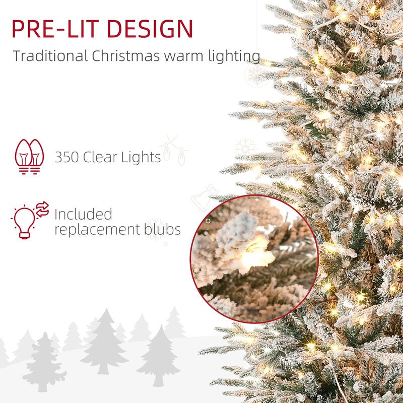 7.5ft Tall Prelit Artificial Christmas Tree Holiday Décor with 850 Snow Flocked Branches, 350 Warm Yellow Clear Lights - Green