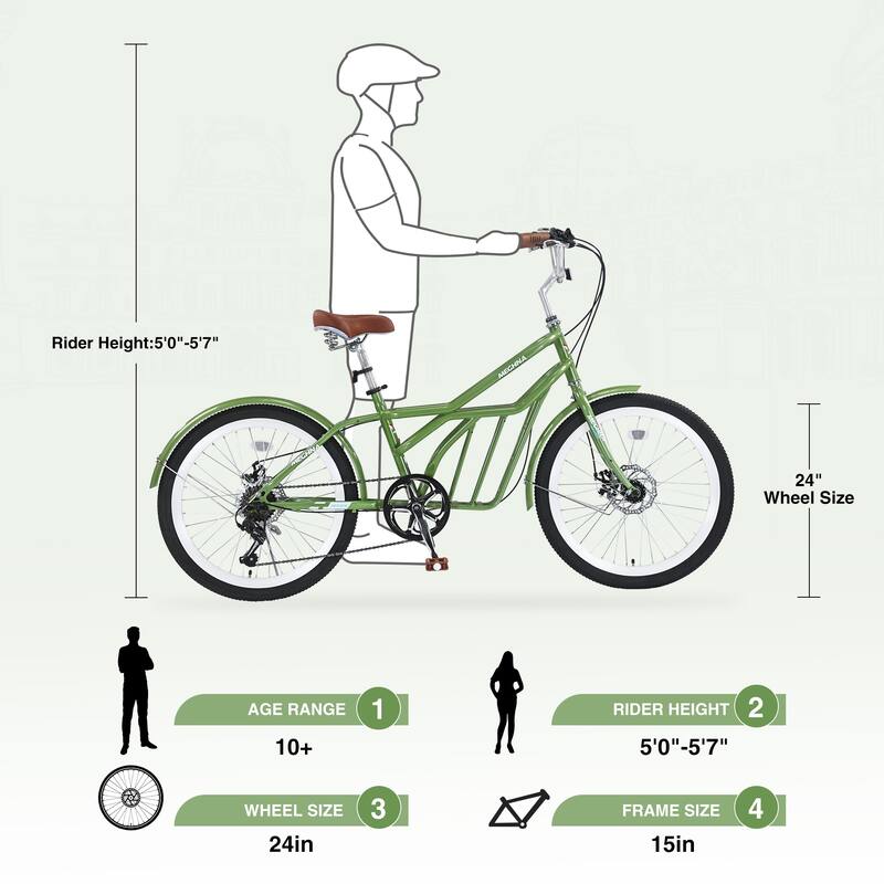 24 Inch Comfort Bike Urban Commuter Bicycles, 6 Speed Road Bicycles w/Dual Disc Brakes, Steel Frame for Teens, 16 Years and Up