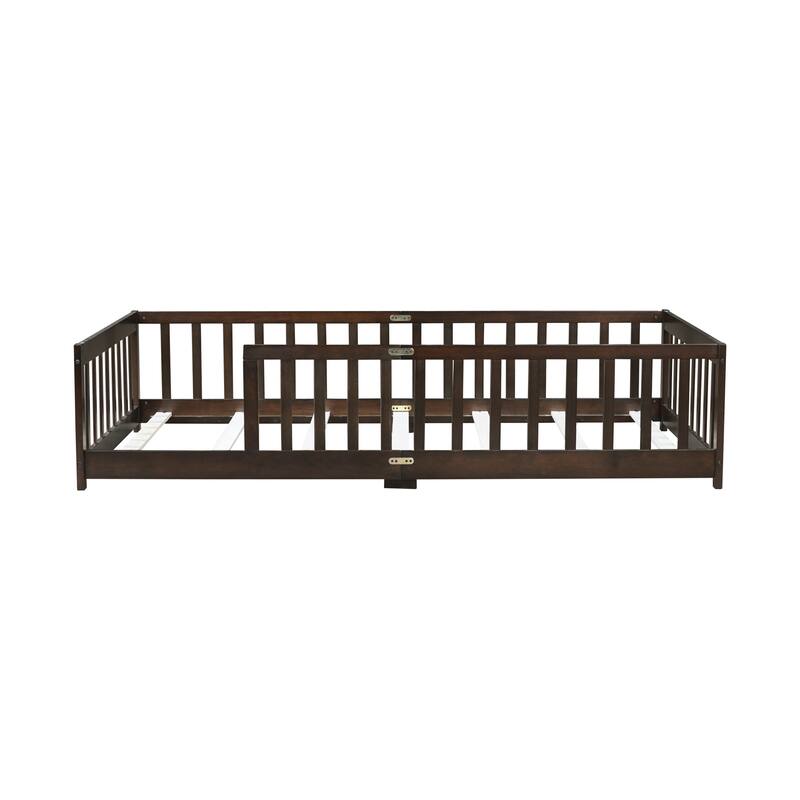Roomfitters Twin Rubber Wood Floor Bed with Fence, Safety Guardrails, Low Profile Platform Design