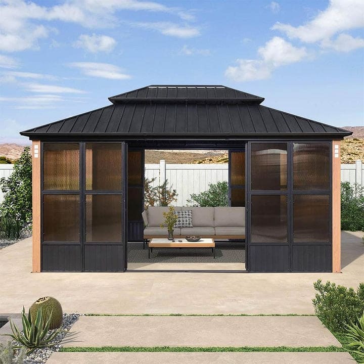 PURPLE LEAF Double Top Outdoor Wood Grain Sunroom Screen House Patio Hardtop Gazebo - 12' x 16' - sunroom