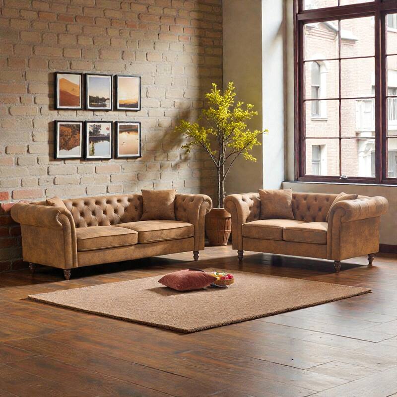 66" Chesterfield Tech Fabric Sofa, Rolled Arm 2-Seater Upholstered Couch for Living Room, Office & Apartments