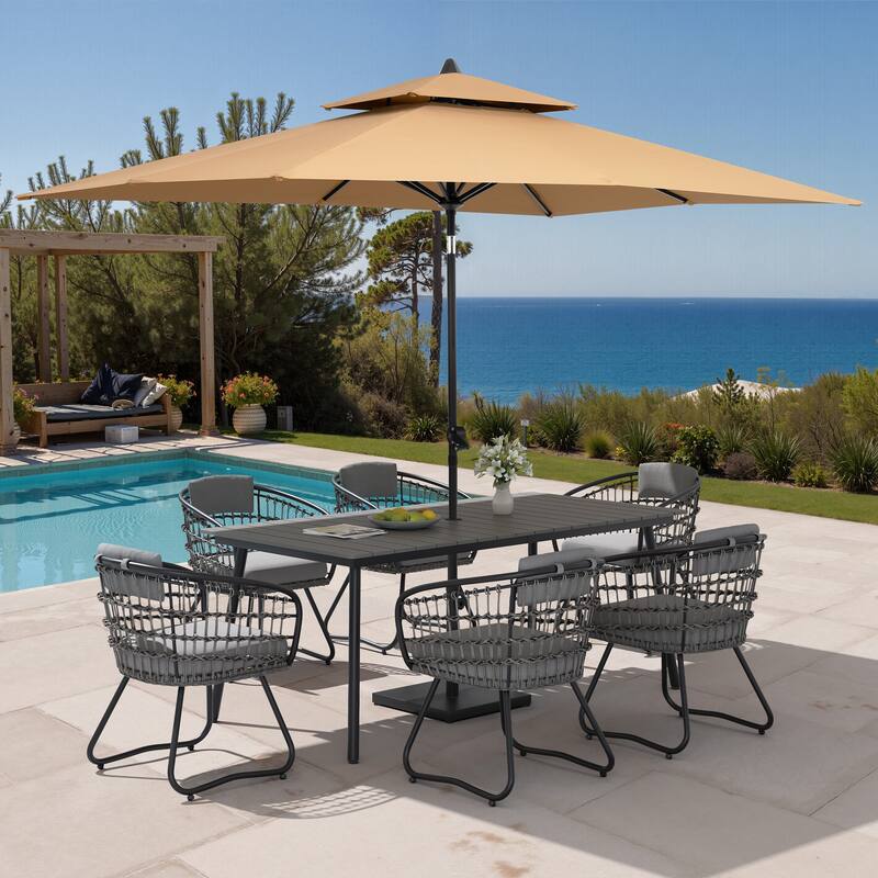 9PC Outdoor Patio Dining Set Aluminum Table with Rattan Chairs w/ Market Umbrella Sets - GreyTable&GreyChairs&TanUmbrella