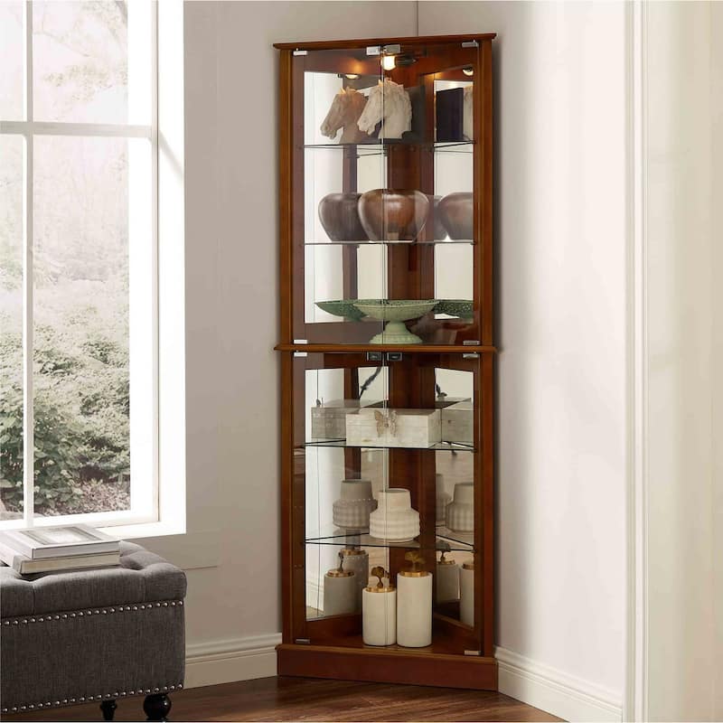 Glass TierCorner Dish Cabinet With Adjustable Shelves And Lighting - 26"L*13"W*72"h