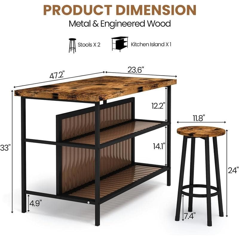 Grondin Mid-Century Modern 3-Piece Faux Marble Top Kitchen Island Set with 2 Stools and Shelves