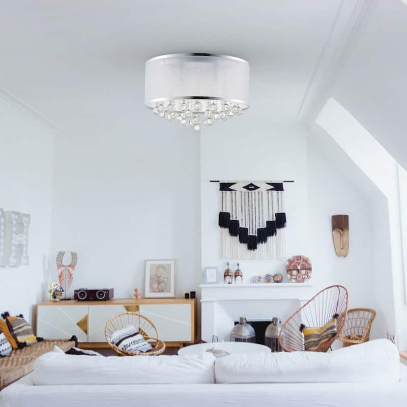 CO-Z 16-inch 4-Light Crystal Flush Mount Chandelier with White Drum Shade
