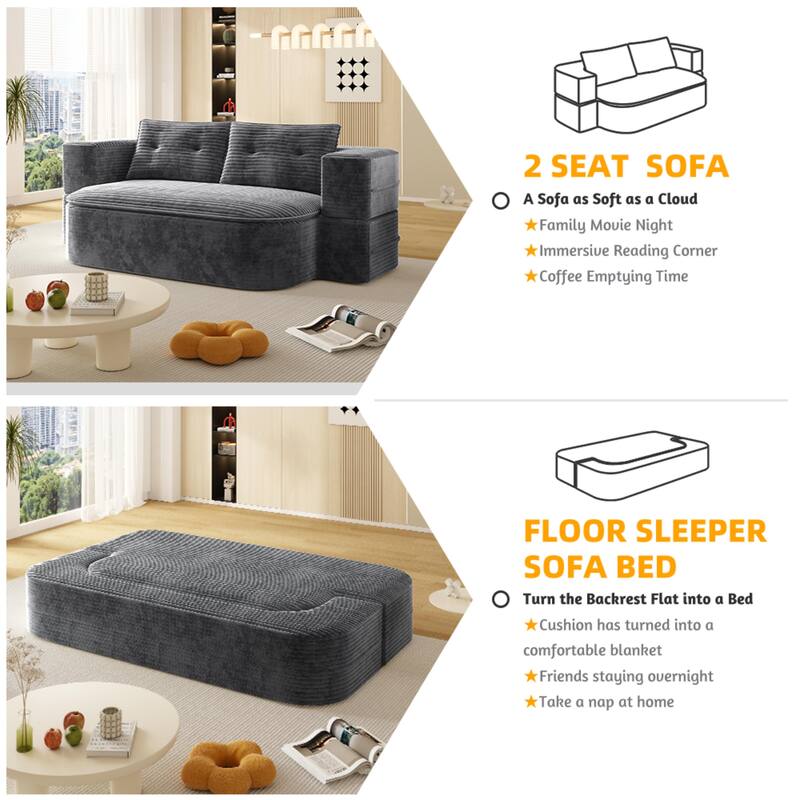78.7 Inch Convertible Floor Sofa Bed, Plush Corduroy Sleeper Couch with Blanket and 2 Pillows, Deep Seat
