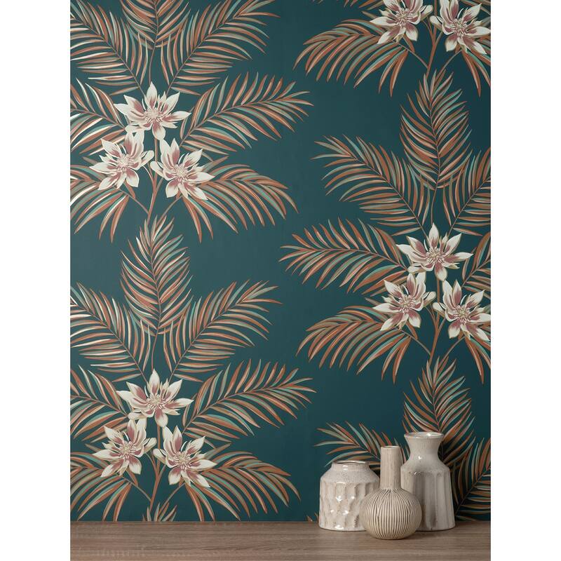 Fine Decor Bali Teal Palm Wallpaper