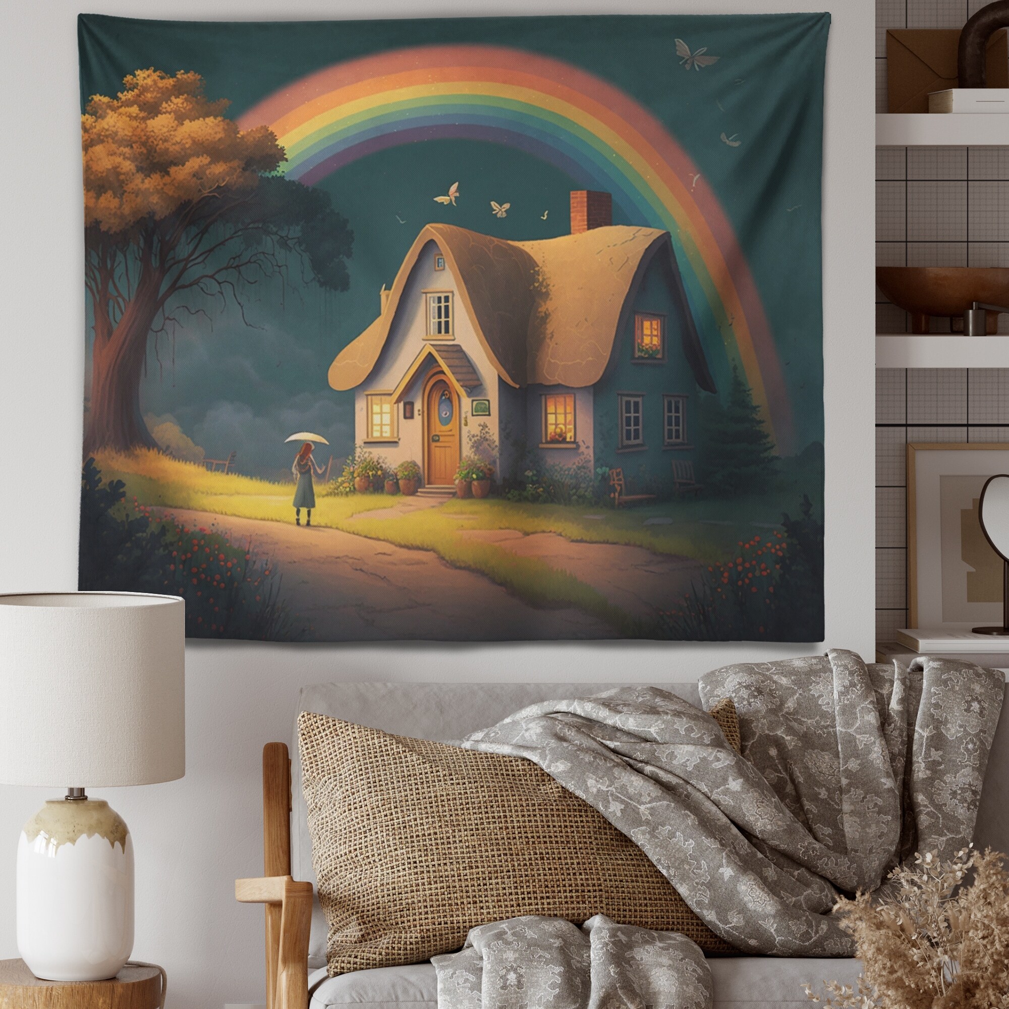Designart Cozy Country Cottage Under The Rainbow III Lake House