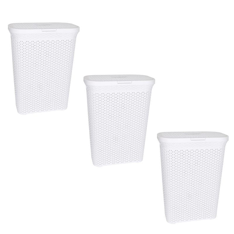 YBM Home Plastic Rattan Laundry Hamper Basket with Hinged Lid, 1663-3 - 10.5" L x 17.5" W x 23.75" H - White