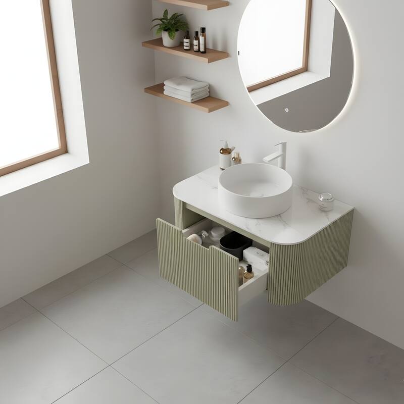 Wall Mounted Bathroom with White Round Ceramic Basin and Drawer