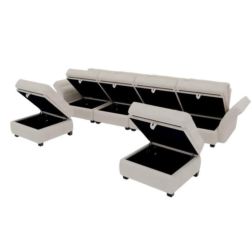 Linen Fabric U Shaped Modular Couch Set with Ottomans and Storage Seats