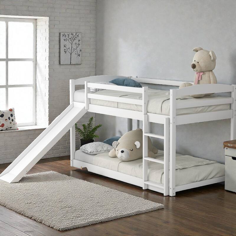 Twin over Twin Wooden Bunk Bed with Slide and Ladder, Convertible Design, Low Bunk Frame for Kids, Solid Pine & MDF