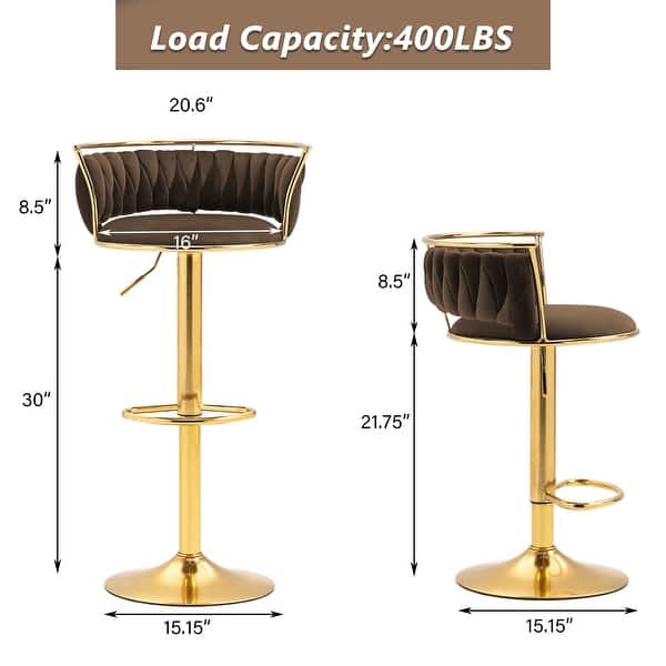 dimension image slide 15 of 24, Modern Velvet Adjustable Swivel Bar Stools Set of 2