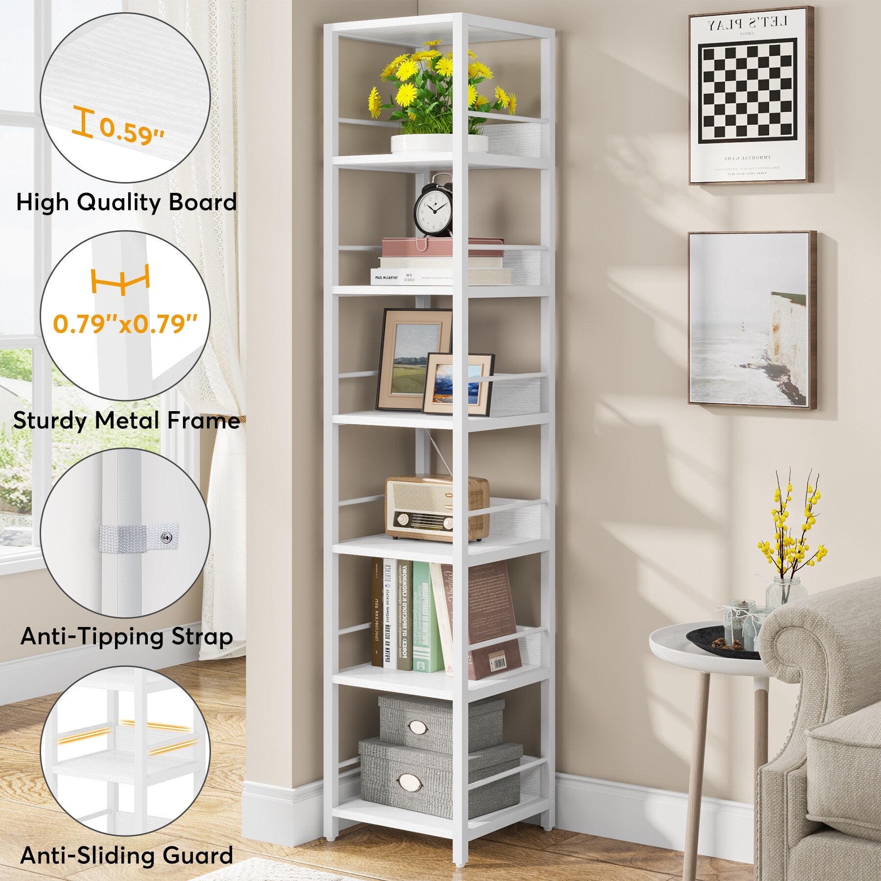 Industrial 75'' Tall Solid Corner Shelves, 6-Tier Narrow Bookshelf