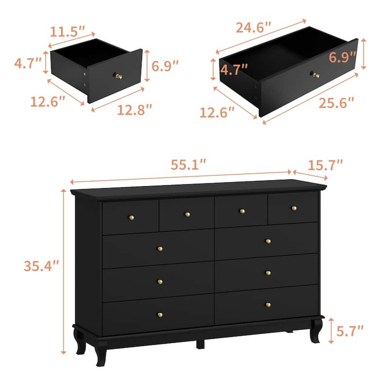 Black 8 Drawer Dresser with Solid Wood Legs, Modern Double Dresser Storage Cabinet for Bedroom, 55.1" Wide