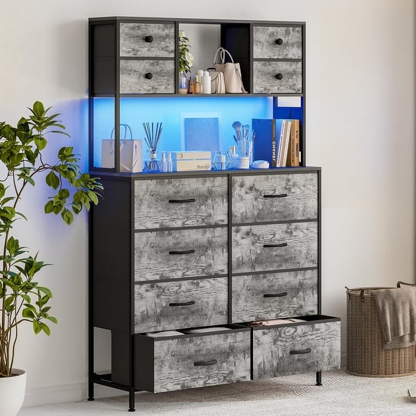 grey dresser with led lights Garvee 12 Drawer Fabric Lights, Power Outlet and Open Shelves, Wood Top Metal Frame - Bed Bath & Beyond fit flare dress